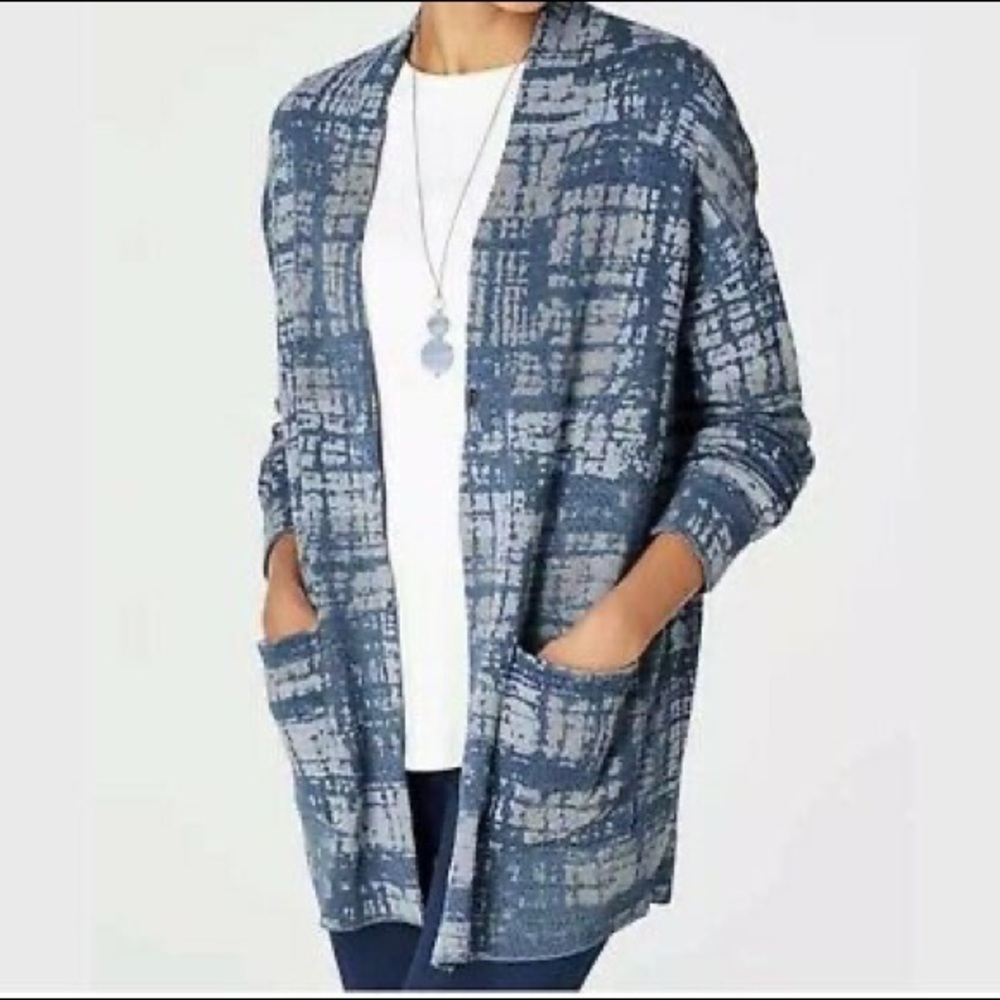 J. Jill Purejill Indigo Blue and Gray Patterned Long Cardigan Sweater Size SP